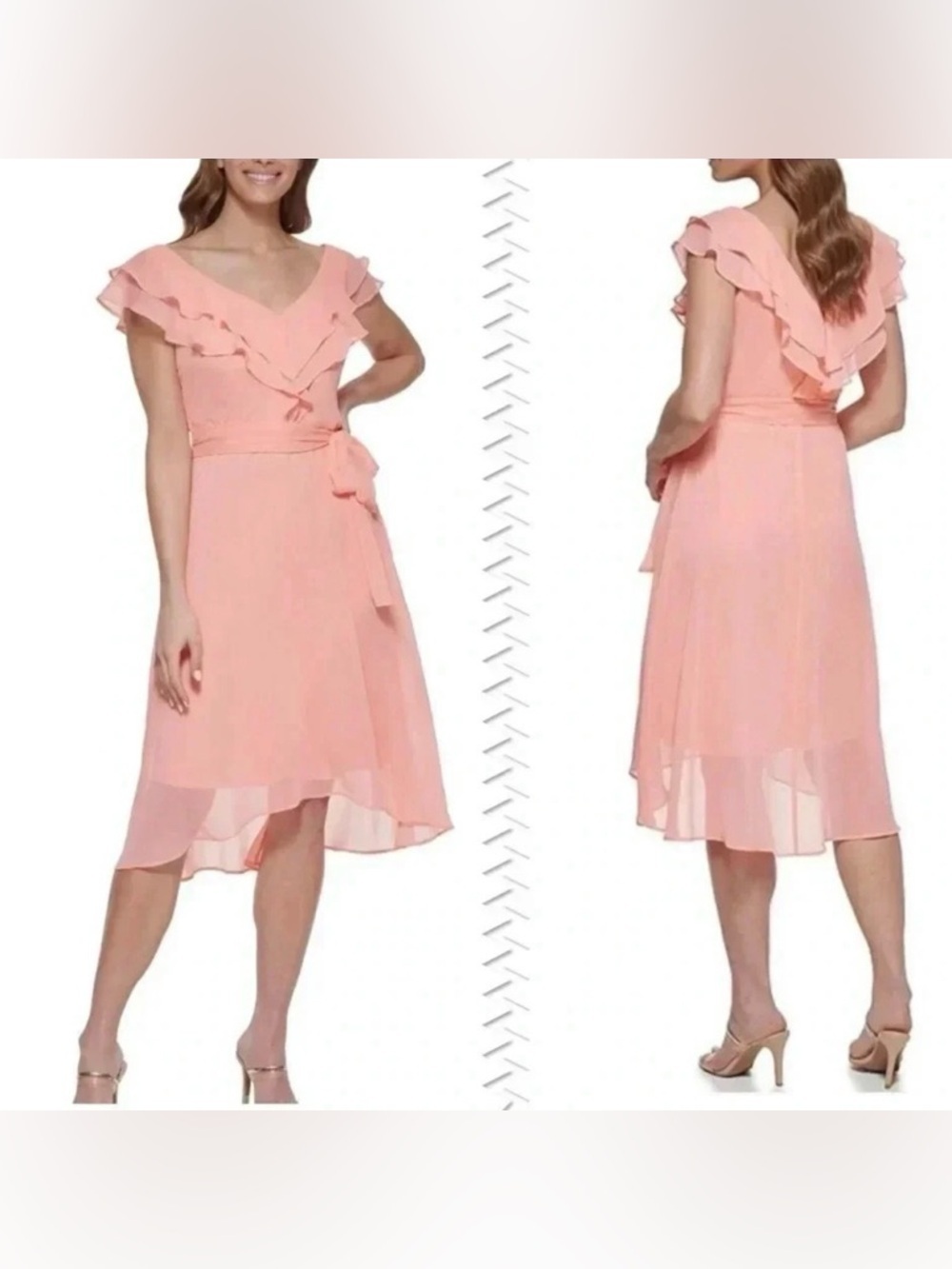 DKNY Womens Pink Zippered Tie Ruffled Chiffon Hi-lo Hem Flutter Sleeve Size 8